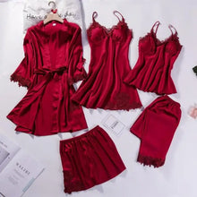 Load image into Gallery viewer, 5pc V-Neck Nightwear Lace Sleepwear Set - Burgundy - A / XXL