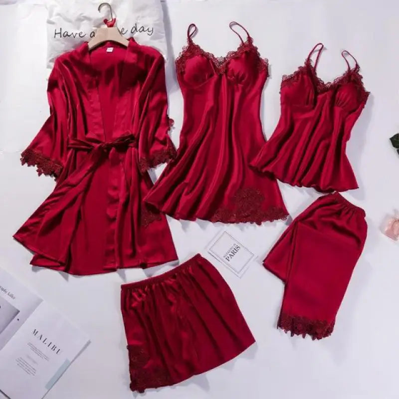 5pc V-Neck Nightwear Lace Sleepwear Set - Burgundy - A / XXL
