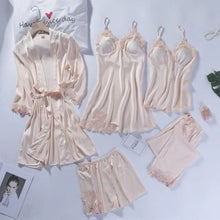 Load image into Gallery viewer, 5pc V-Neck Nightwear Lace Sleepwear Set - Champagne - A / M