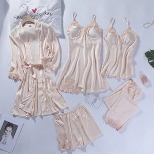 5pc V-Neck Nightwear Lace Sleepwear Set - Champagne - A / M