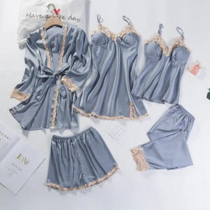 5pc V-Neck Nightwear Lace Sleepwear Set - Gray - B / M