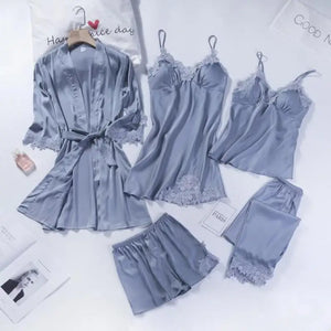 5pc V-Neck Nightwear Lace Sleepwear Set - Gray - A / XXL