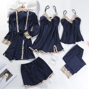 5pc V-Neck Nightwear Lace Sleepwear Set - Navy Blue - B / M