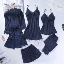 Load image into Gallery viewer, 5pc V-Neck Nightwear Lace Sleepwear Set - Navy Blue