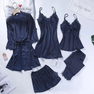 5pc V-Neck Nightwear Lace Sleepwear Set - Navy Blue
