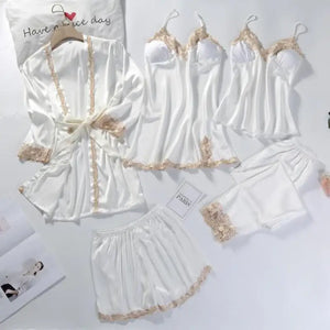 5pc V-Neck Nightwear Lace Sleepwear Set - White - B / XXL
