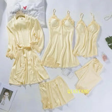 Load image into Gallery viewer, 5pc V-Neck Nightwear Lace Sleepwear Set - Yellow - A / XXL