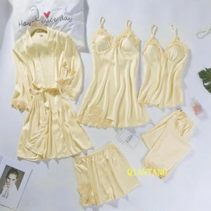 5pc V-Neck Nightwear Lace Sleepwear Set - Yellow - A / XXL