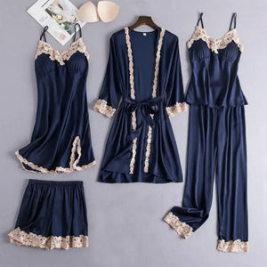 5PCS Lace Satin Robe Gown Set - Black - B / M