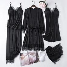 Load image into Gallery viewer, 5PCS Lace Satin Robe Gown Set - Black - A / M