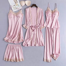 Load image into Gallery viewer, 5PCS Lace Satin Robe Gown Set - Burgundy - B / M