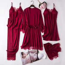 Load image into Gallery viewer, 5PCS Lace Satin Robe Gown Set - Burgundy - A / M