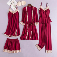 Load image into Gallery viewer, 5PCS Lace Satin Robe Gown Set - Light Blue - B / M