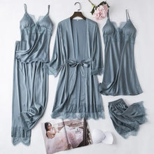 Load image into Gallery viewer, 5PCS Lace Satin Robe Gown Set - Light Blue - A / M