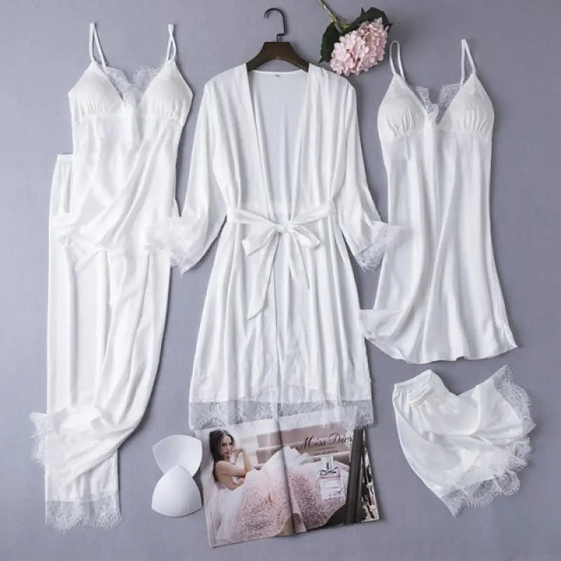 5PCS Lace Satin Robe Gown Set - White - A / XL