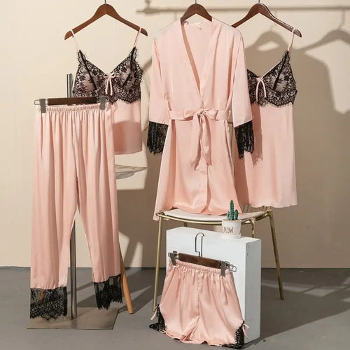 5PCS Satin Lace Nightwear Pajama Set