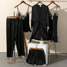 Load image into Gallery viewer, 5PCS Satin Lace Nightwear Pajama Set - Black - A / XL