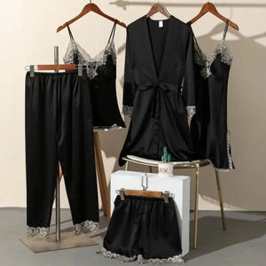 5PCS Satin Lace Nightwear Pajama Set - Black - A / XL