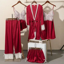 Load image into Gallery viewer, 5PCS Satin Lace Nightwear Pajama Set - Burgundy - B / XL