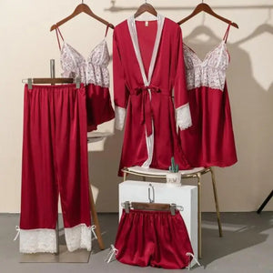 5PCS Satin Lace Nightwear Pajama Set - Burgundy - B / XL