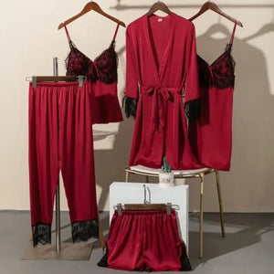 5PCS Satin Lace Nightwear Pajama Set - Burgundy - C / XL