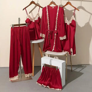 5PCS Satin Lace Nightwear Pajama Set - Burgundy - D / XL