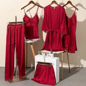 5PCS Satin Lace Nightwear Pajama Set - Burgundy - E / XL
