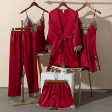 Load image into Gallery viewer, 5PCS Satin Lace Nightwear Pajama Set - Burgundy - A / XL