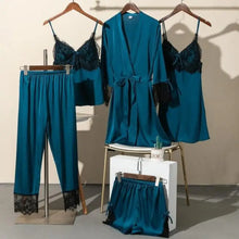 Load image into Gallery viewer, 5PCS Satin Lace Nightwear Pajama Set - cyan-blue - C / XL