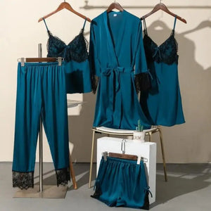 5PCS Satin Lace Nightwear Pajama Set - cyan-blue - C / XL