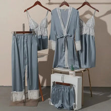 Load image into Gallery viewer, 5PCS Satin Lace Nightwear Pajama Set - Gray Blue - B / XL