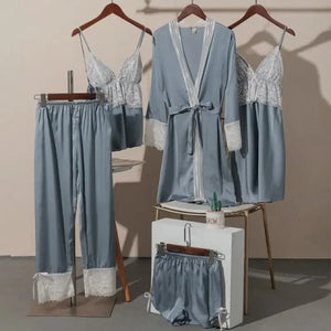 5PCS Satin Lace Nightwear Pajama Set - Gray Blue - B / XL