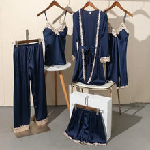 Load image into Gallery viewer, 5PCS Satin Lace Nightwear Pajama Set - Navy Blue - D / XL