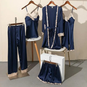 5PCS Satin Lace Nightwear Pajama Set - Navy Blue - D / XL