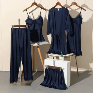5PCS Satin Lace Nightwear Pajama Set - Navy Blue - E / XL