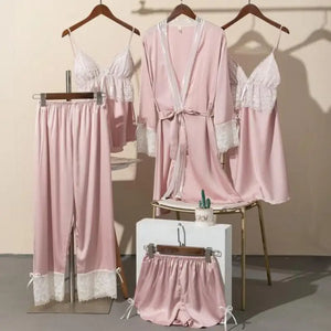 5PCS Satin Lace Nightwear Pajama Set - Pink - B / XL