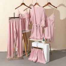 Load image into Gallery viewer, 5PCS Satin Lace Nightwear Pajama Set - Pink - E / XL