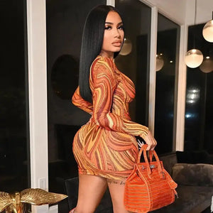 Abstract Printed Hollow Out Round Neck Short Bodycon Dress
