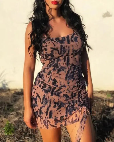 Animal Print Ruched Cami Dress