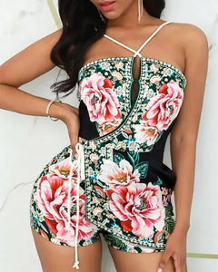 Boho O-Neck Halter Floral Print Romper