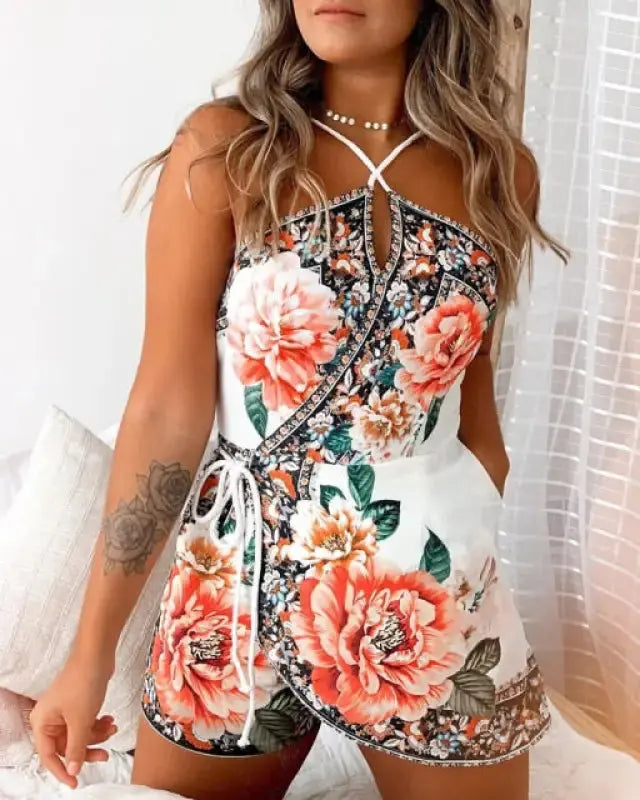 Boho O-Neck Halter Floral Print Romper