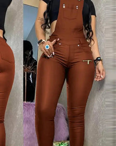 Buckled Zipper Design Suspender Jumpsuit