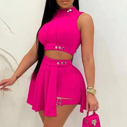 Button Design Solid Cropped Top & Mini Bodycon Skirt Set