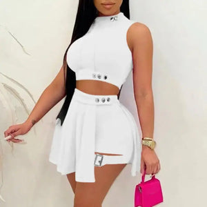 Button Design Solid Cropped Top & Mini Bodycon Skirt Set