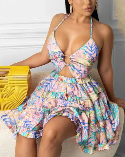 Cami Deep-V Tropical Print Frill Hem Dress