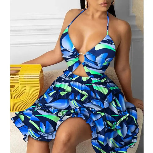 Cami Deep-V Tropical Print Frill Hem Dress