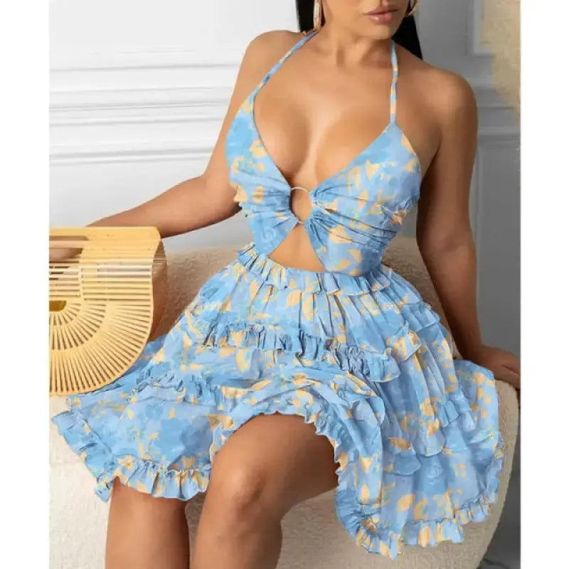 Cami Deep-V Tropical Print Frill Hem Dress