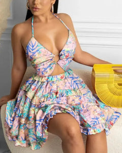 Cami Deep-V Tropical Print Frill Hem Dress