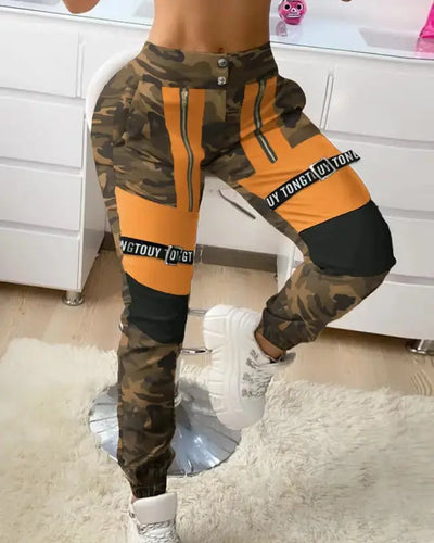 Camouflage Letter Colorblock Cargo Pants