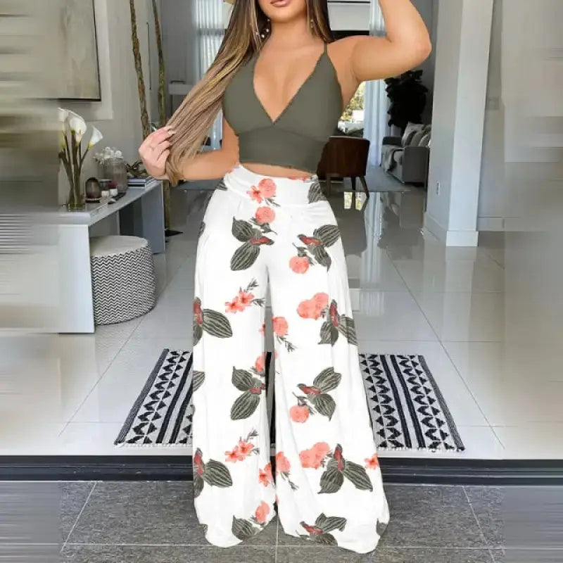 Casual Floral Print Spaghetti Strap Crop Top & Wide-leg Pants Set